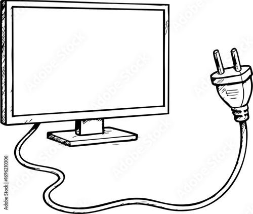 television job loss concept. Blank computer monitor with a power plug and cable.