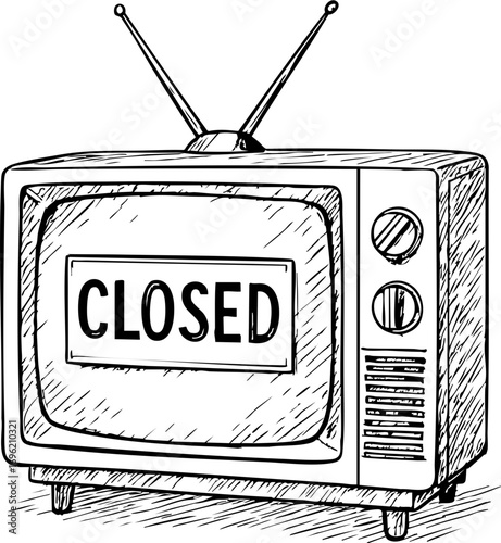 television job loss concept. Old television set displaying a "CLOSED" sign.