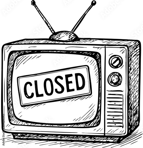 television job loss concept. Old television set with a "closed" sign displayed prominently.