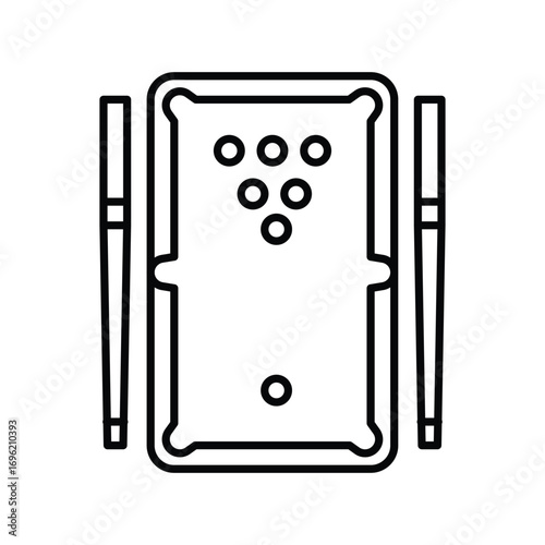 A pool table with 7 balls flanked by two cues all in black and white line art. Editable stroke icon