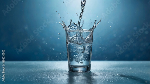 Water splashing into a clear glass on a blue background with droplets pouring liquid