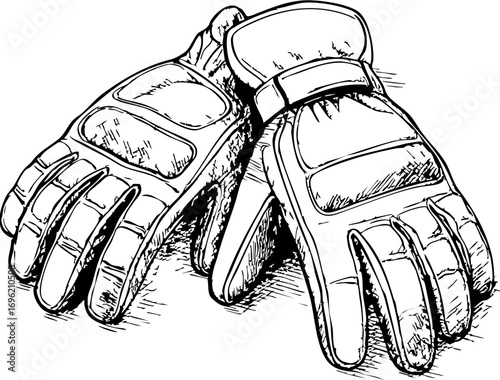 television job loss concept. Gloves resting on a surface, detailed line drawing illustration.