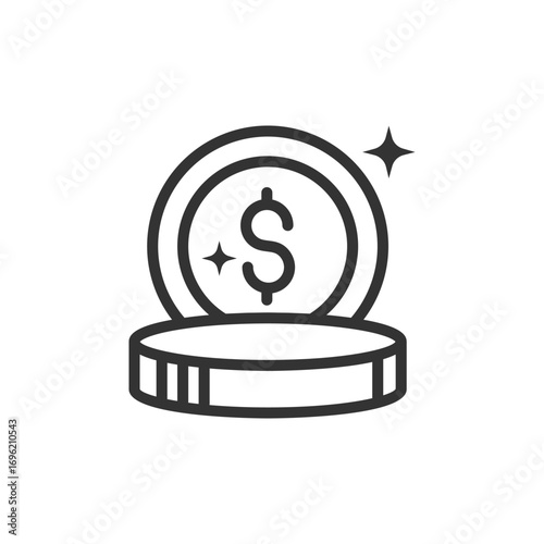 A shiny coin with a dollar sign sits on a raised platform. Editable stroke icon