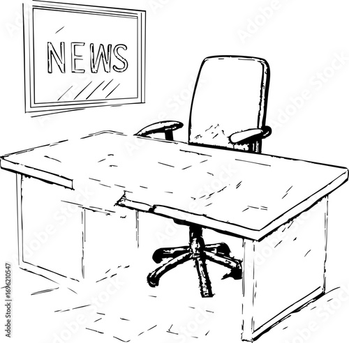 television job loss concept. News desk with chair and window signage.