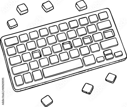television job loss concept. A keyboard illustration with scattered keys around it.