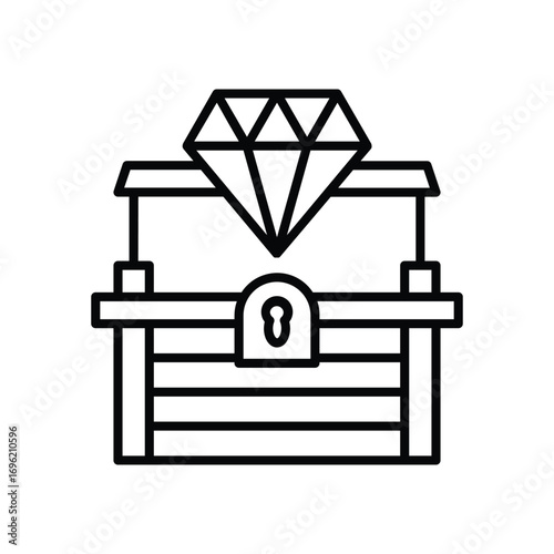 A simple line drawing of a wooden treasure chest adorned with a large diamond on top and a lock on the front. Editable stroke icon