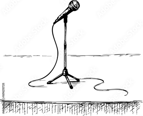television job loss concept. Microphone on a stand with a curled cord on the floor.