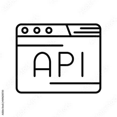 A simplified outline of a web browser window displaying API in bold lettering. Editable stroke icon