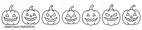 Group of Different Halloween Jacko'lanterns with Various Facial Expressions in Black Outline