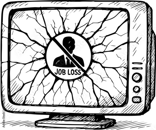 television job loss concept. Illustration of a broken TV displaying a "Job Loss" message.