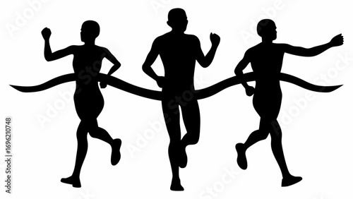 Three silhouetted runners crossing the finish line with arms raised in a triumphant gesture of victory