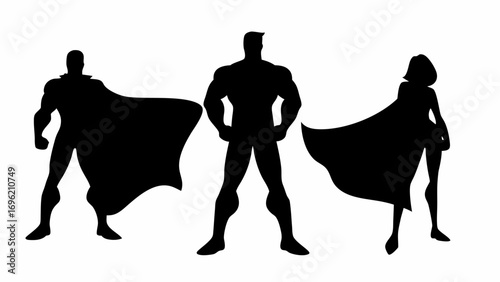 Silhouette illustration of three superheroes standing side by side with capes in a heroic pose on white