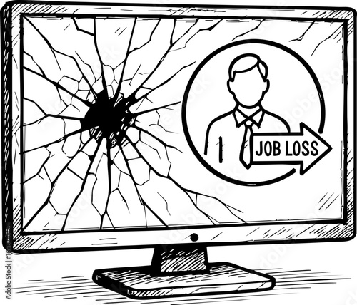 television job loss concept. A cracked computer screen with a job loss icon.