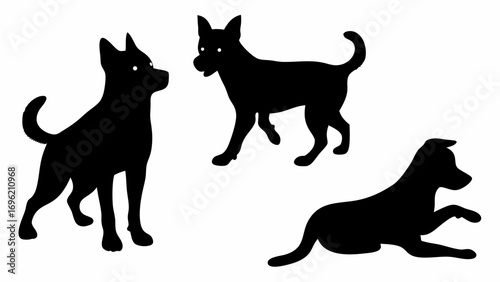 Three black dog silhouettes in various poses standing walking and laying down on a white background image