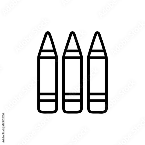 Outline of three crayons in minimalistic style on white background  