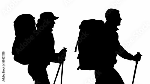 Two hikers in silhouette with backpacks and hiking poles walking side by side in a minimalist composition