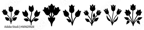 Silhouetted tulip flower collection with varying bud and leaf arrangements in bouquets