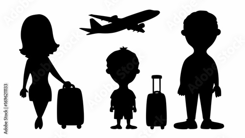 Silhouette of a family with luggage and an airplane in the background ready for a travel adventure trip