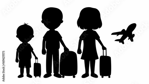 Silhouette of family with luggage ready for vacation with airplane in the background ready to travel