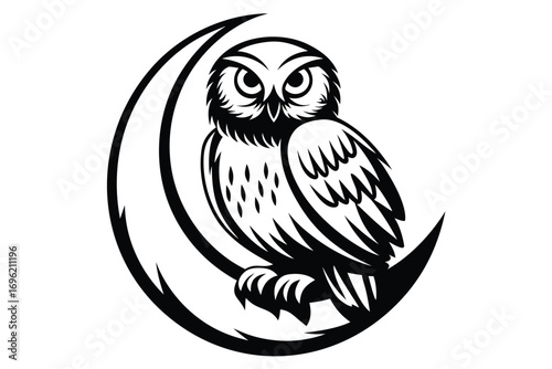 Monochrome of Owl Perched on Crescent Moon with White Background