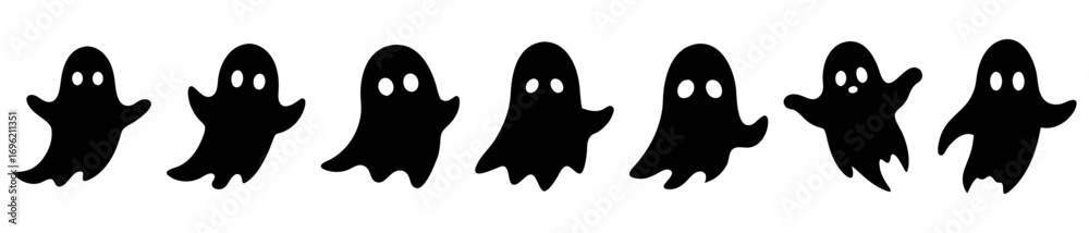 Obraz premium Seven spooky silhouettes of floating ghosts for Halloween vector illustration art