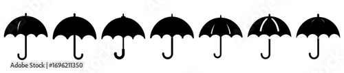 Black and white image featuring a diverse collection of umbrella silhouettes