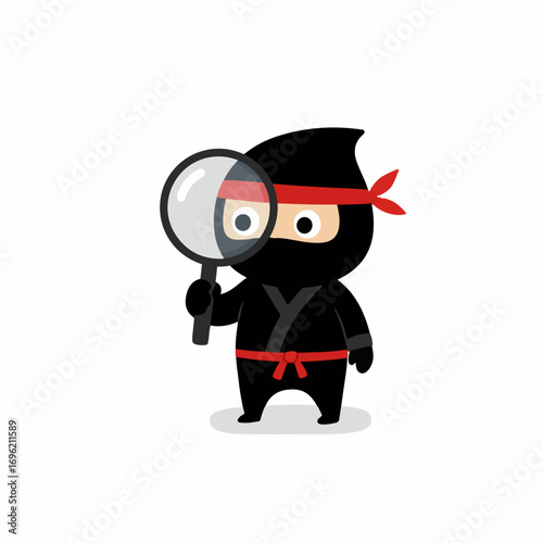 A cute cartoon ninja character wearing a black outfit and red headband, holding a magnifying glass to examine something.