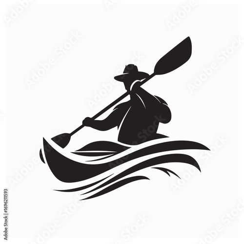 Vector Logo of Kayaker Paddling in Minimalist Style on White Background