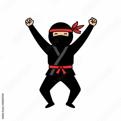 A cartoon ninja in a black outfit with a red sash and headband, celebrating with arms raised in the air.