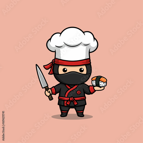 A cute cartoon ninja chef wearing a white chef's hat and black ninja outfit, holding a sushi roll and a knife.