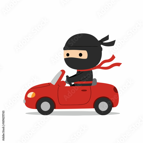 A cute cartoon ninja wearing a black mask and outfit is driving a red convertible sports car with the top down.