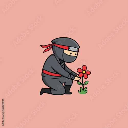 A cute cartoon ninja in a black outfit and red headband is gently tending to a small red flower with green leaves and stem, set against a soft pink background.