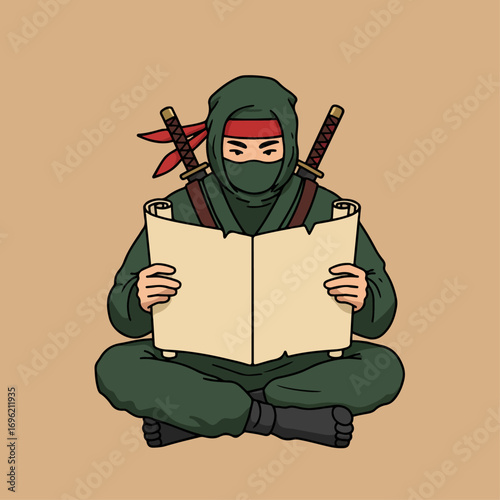 A ninja dressed in green, sitting cross-legged and reading an ancient scroll.