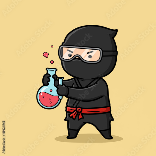A cartoon ninja character wearing safety goggles conducts a chemical experiment with a bubbling red potion.