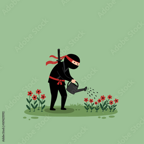 A cute cartoon ninja dressed in black with a red headband is watering red flowers in a garden with a watering can.