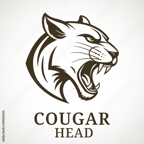 Cougar. Vector illustration of a predator with an open mouth. Stylized roaring head in monochrome, sharp fangs, aggressive expression. Ideal for sports logos, mascots, or wildlife themes.