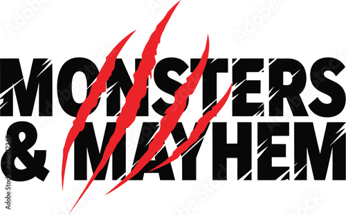 Monsters & Mayhem: Bold text with claw marks design on white