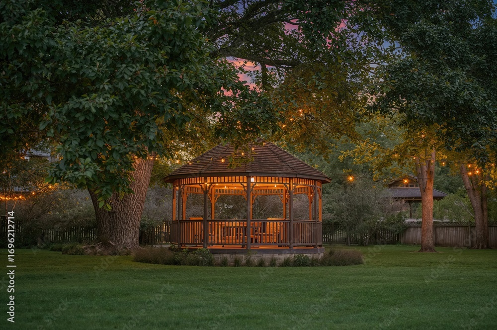 Obraz premium A charming pavilion glowing with fairy lights at twilight, nestled among verdant trees and manicured grass, exuding a welcoming and comfortable vibe.