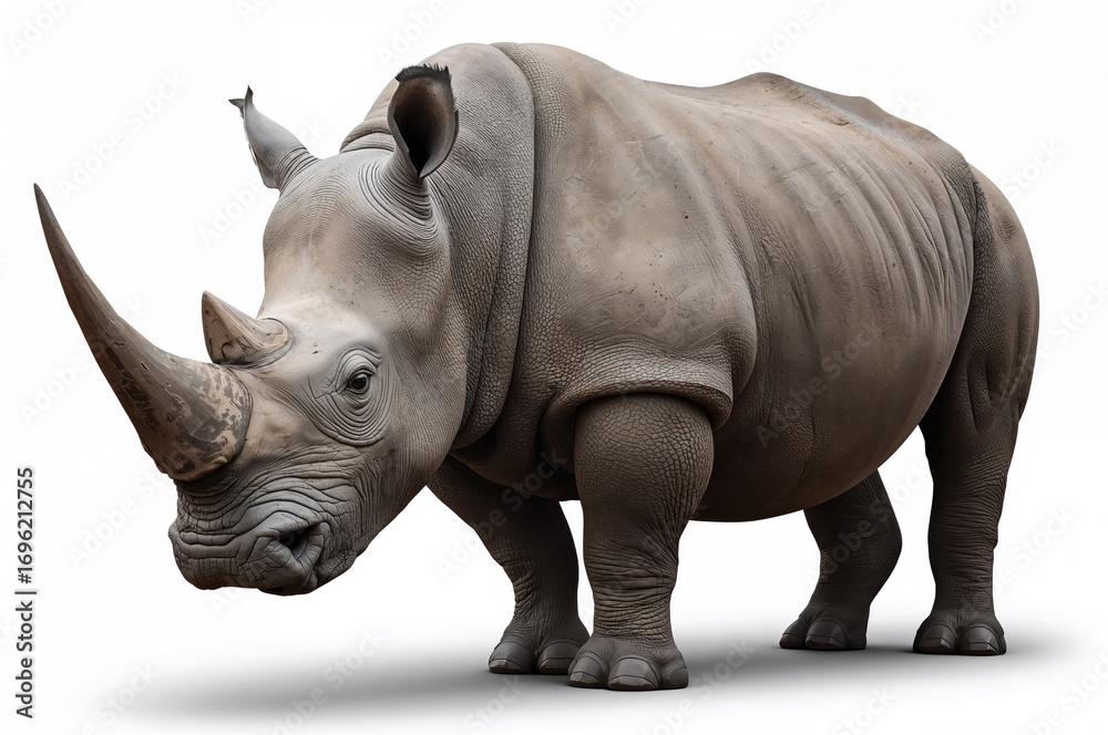 Fototapeta premium A big rhinoceros standing alone against a plain white backdrop