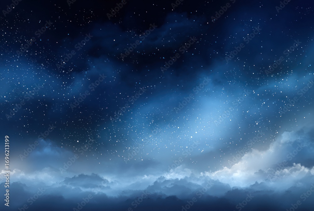 Fototapeta premium Ethereal nightscape featuring soft clouds, bright starfield, and dark gradient, evokes a dreamlike atmosphere with a subtle, calming light