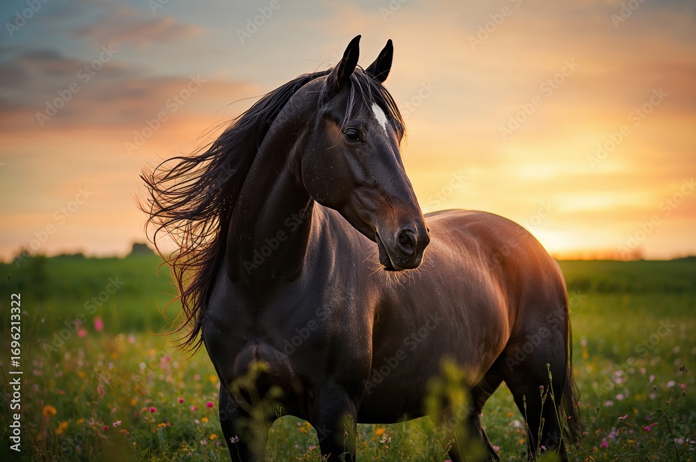 Obraz premium Sunset scene featuring a majestic Andalusian stallion