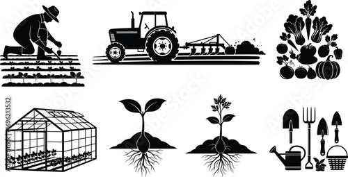 Agriculture and gardening illustration, black and white farming art, tractor, greenhouse, planting, vegetables, plant growth, gardening tools, crop cultivation