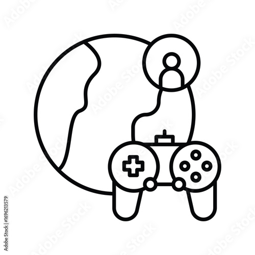 Globe gamer icon and controller form a unified digital world graphic. Editable stroke icon