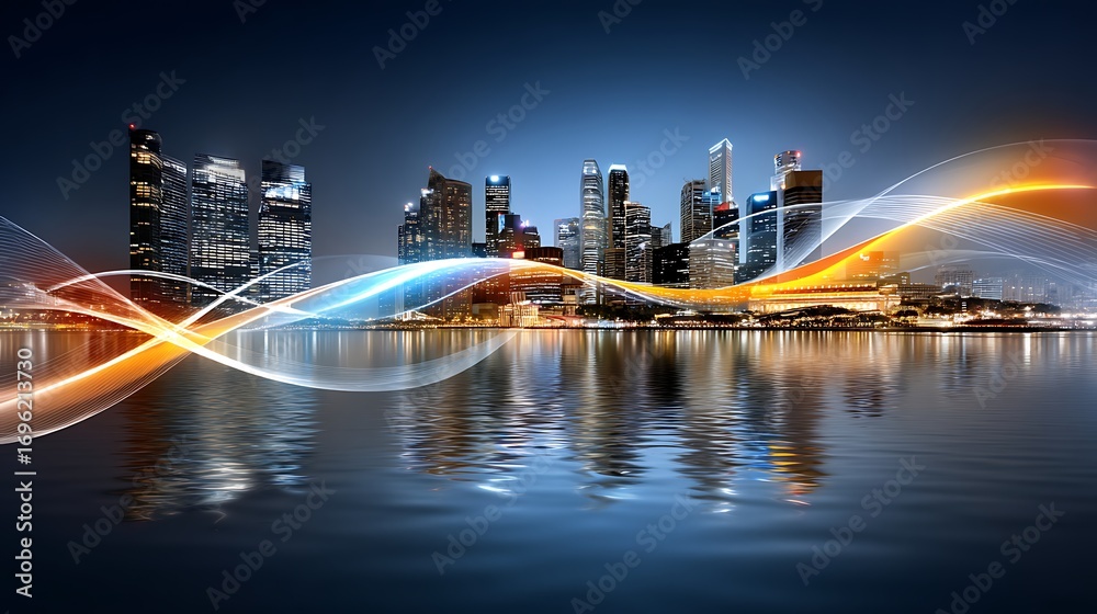 Obraz premium Vibrant Urban Skyline Reflected on Water with Colorful Light Trails at Night
