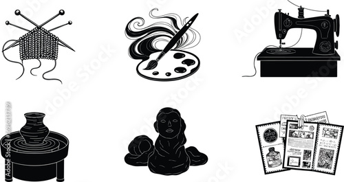 Arts and crafts illustration, black and white creative design, knitting, painting, sewing, pottery, sculpture, scrapbooking, handmade art, craft tools