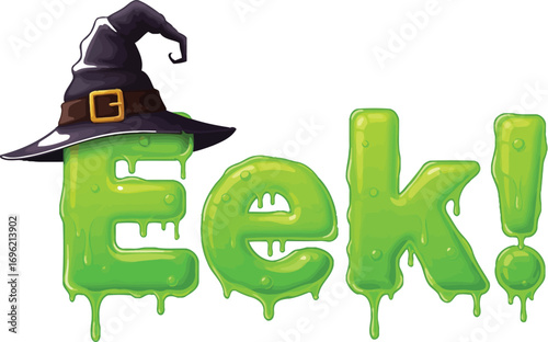 Spooky Halloween text with witch hat and green slime for holiday fun
