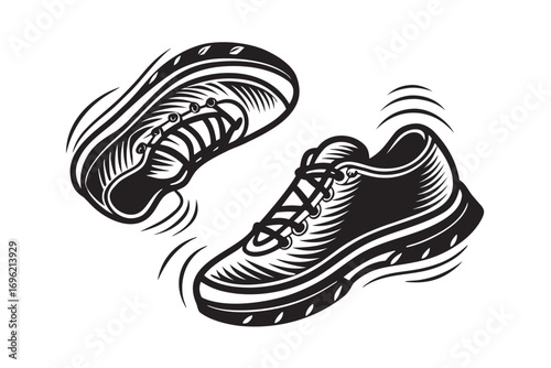Monochrome Sneakers Illustration, Athletic Shoes Icon on White Background