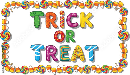 Colorful Halloween Trick or Treat text with candies and vibrant design