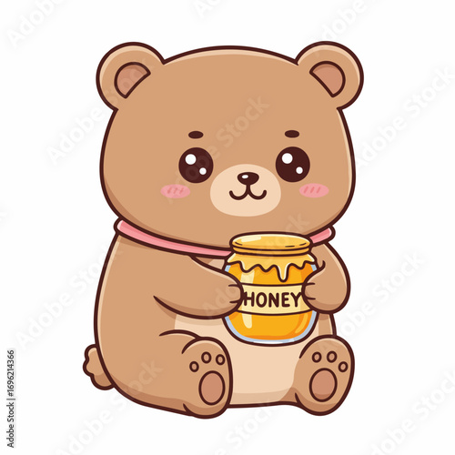 Cute cartoon brown bear with big eyes holding a jar of golden honey, isolated on a white background, in a charming illustration style.