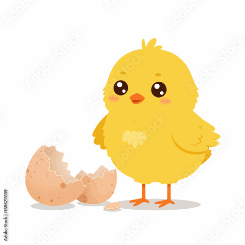 Cute yellow chick standing next to a cracked egg shell.